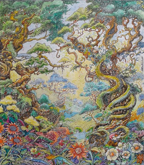 Bosco per una fiaba a colori - China e acquarello su cartoncino - 32x36,5 cm